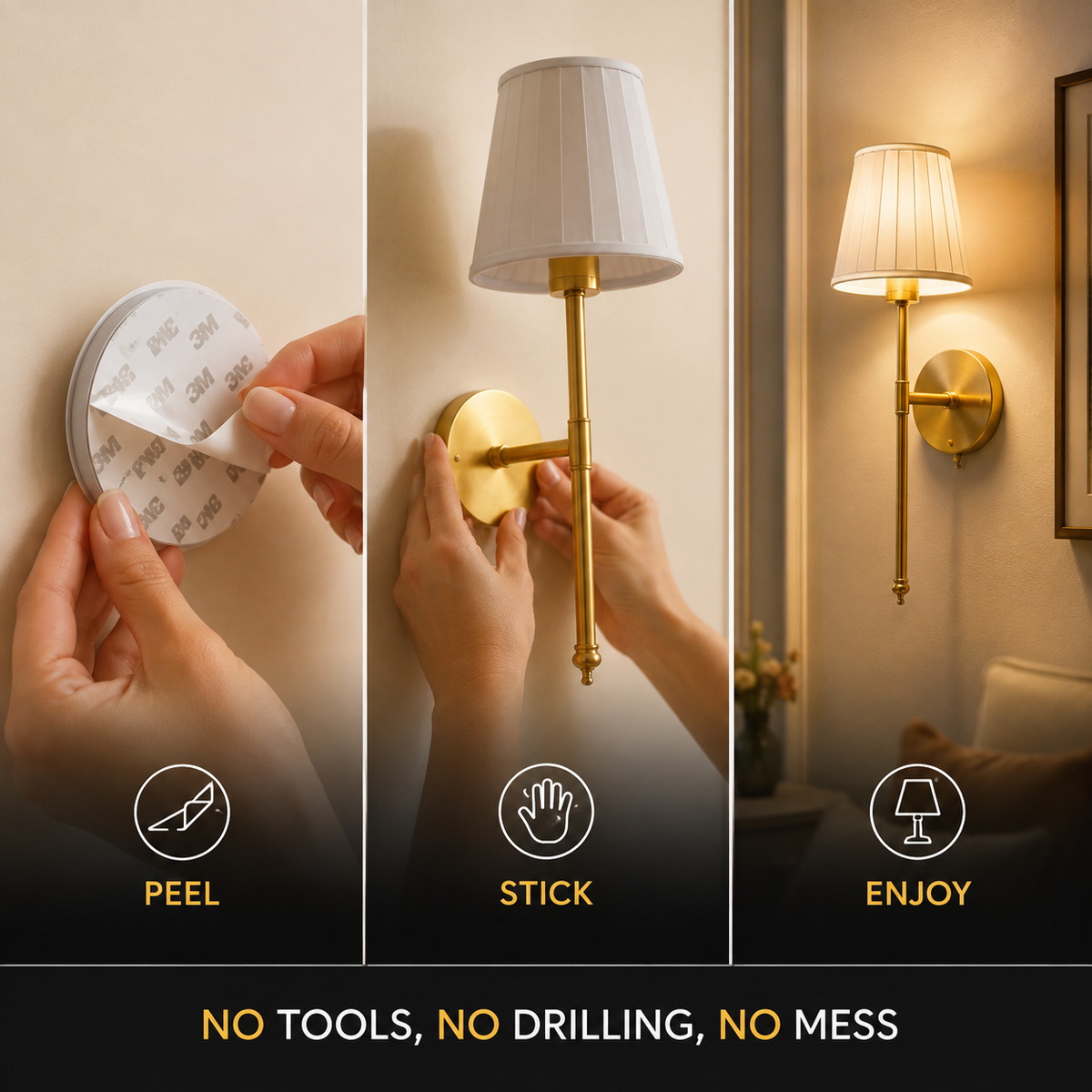 Wall Sconce Set, Cordless Pleated Design, Adhesive or Screw Mounting, Set of Two 3