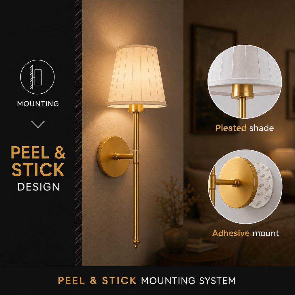 Wall Sconce Set, Cordless Pleated Design, Adhesive or Screw Mounting, Set of Two 6