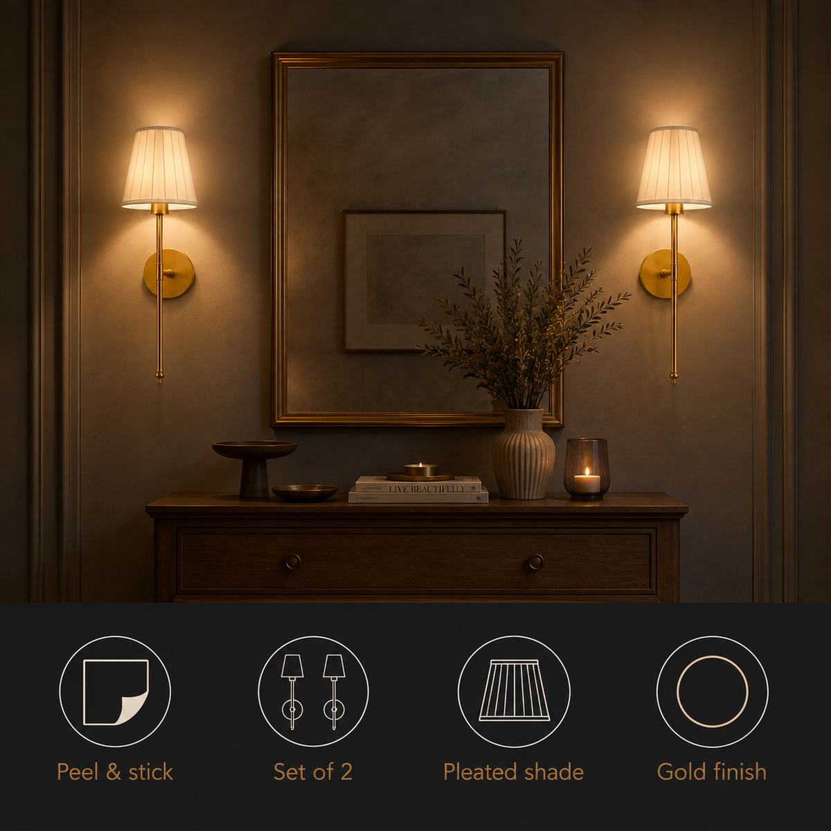 Wall Sconce Set, Cordless Pleated Design, Adhesive or Screw Mounting, Set of Two 7