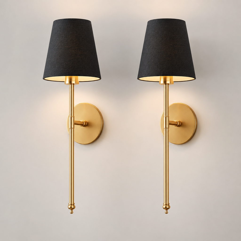 Wall Sconce Set, Wireless Adhesive or Screw Mounting, Black Tapered Shades, Set of Two 0