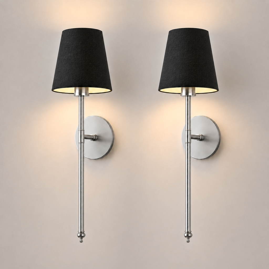 Wall Sconce Set, Wireless Adhesive or Screw Mounting, Black Tapered Shades, Set of Two 10