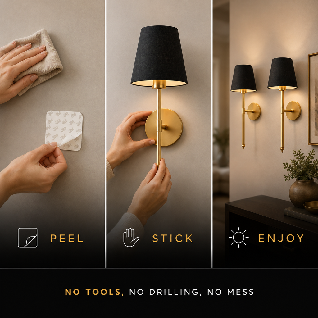 Wall Sconce Set, Wireless Adhesive or Screw Mounting, Black Tapered Shades, Set of Two 3