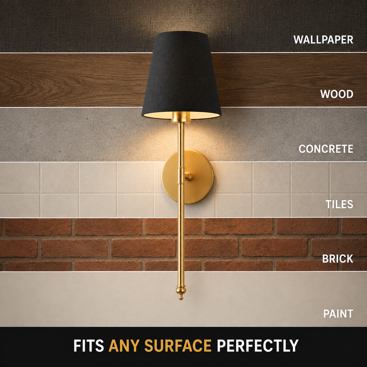 Wall Sconce Set, Wireless Adhesive or Screw Mounting, Black Tapered Shades, Set of Two 4