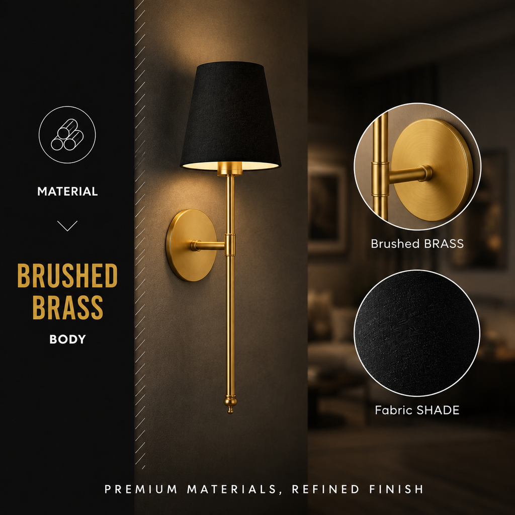 Wall Sconce Set, Wireless Adhesive or Screw Mounting, Black Tapered Shades, Set of Two 6