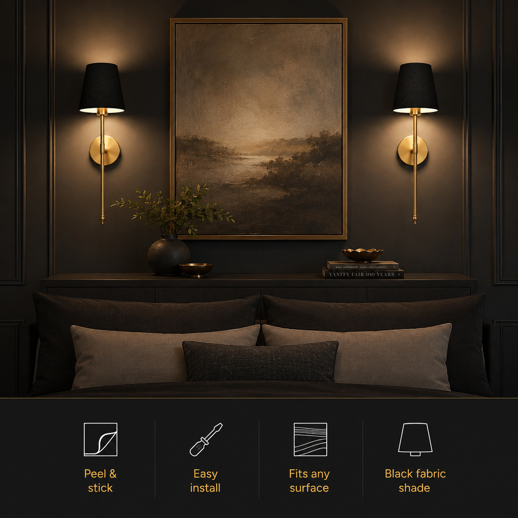 Wall Sconce Set, Wireless Adhesive or Screw Mounting, Black Tapered Shades, Set of Two 7