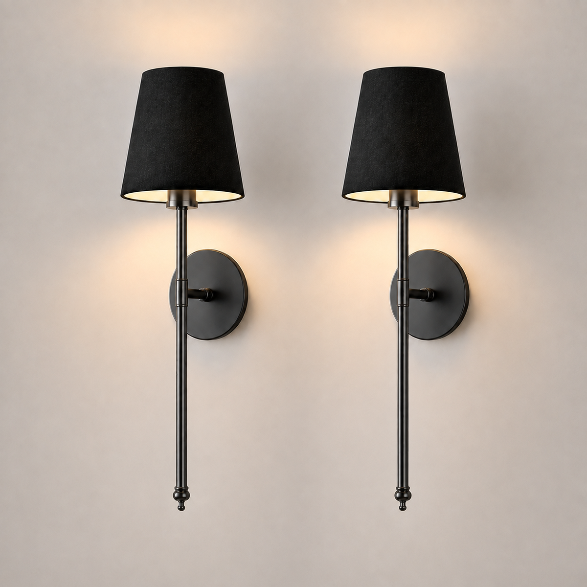 Wall Sconce Set, Wireless Adhesive or Screw Mounting, Black Tapered Shades, Set of Two 9