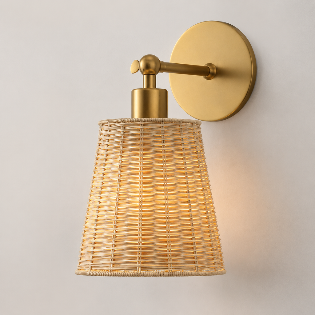 Wall Sconce With Tapered Woven Shade, Gold Finish, Natural Beige Shade 0