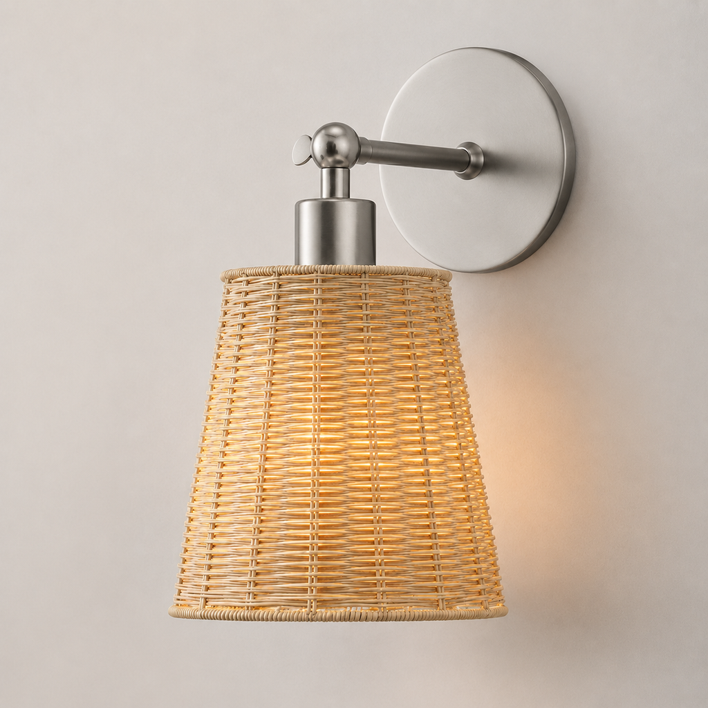 Wall Sconce With Tapered Woven Shade, Gold Finish, Natural Beige Shade 1