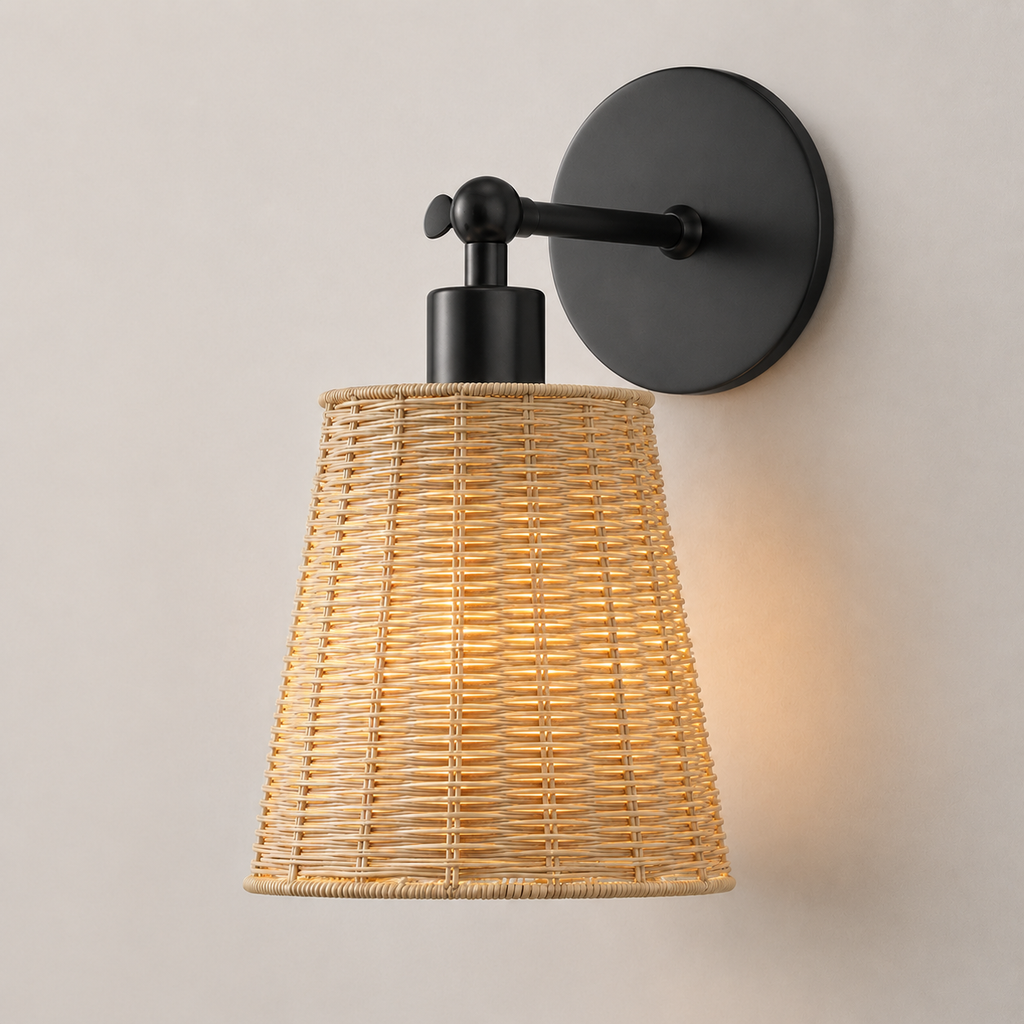 Wall Sconce With Tapered Woven Shade, Gold Finish, Natural Beige Shade 2