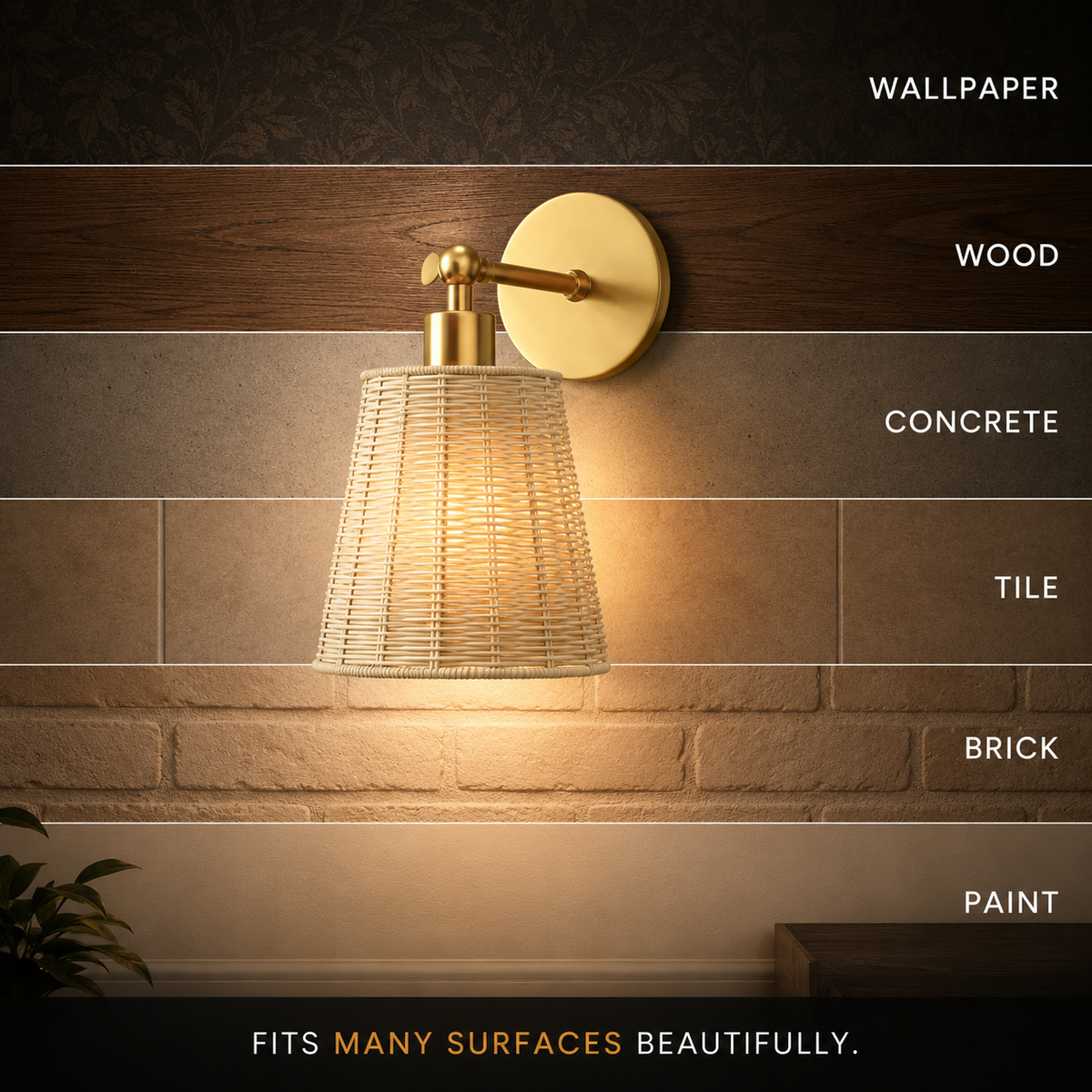 Wall Sconce With Tapered Woven Shade, Gold Finish, Natural Beige Shade 4