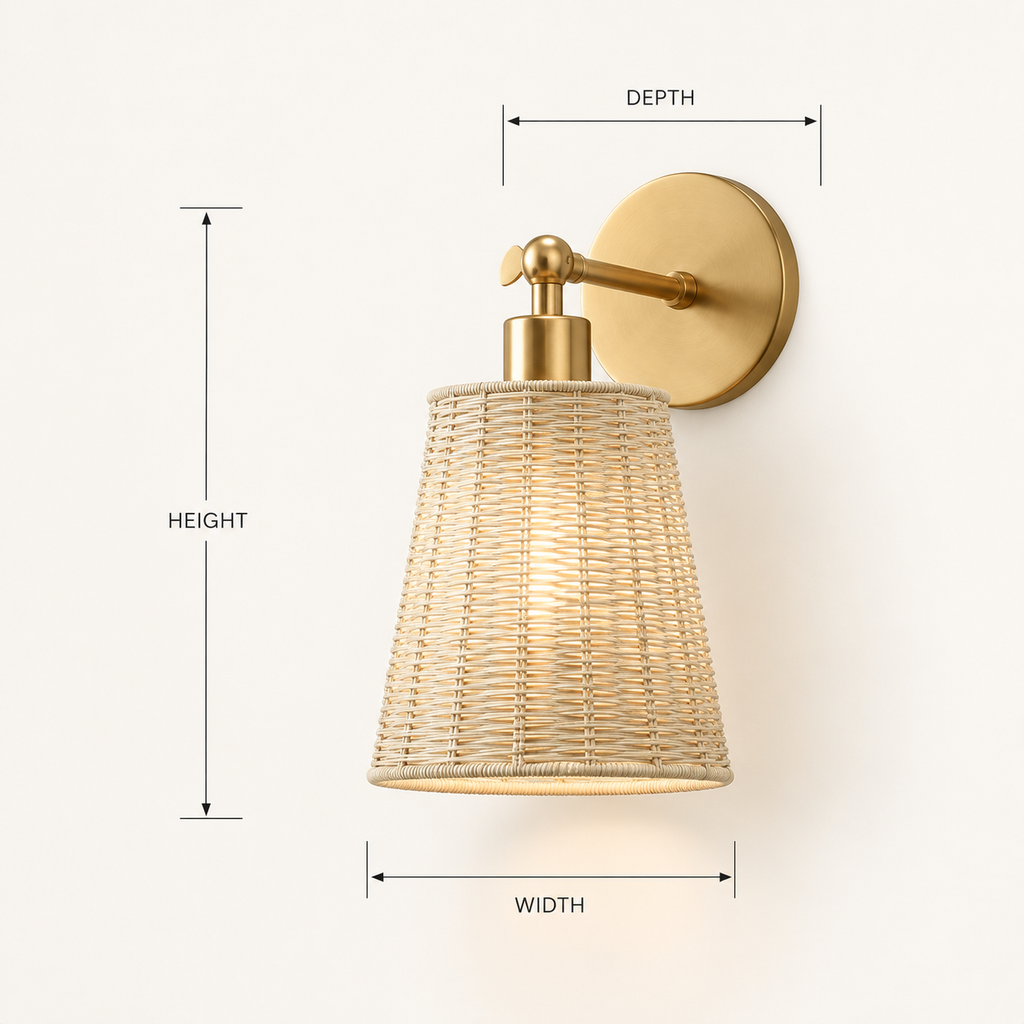 Wall Sconce With Tapered Woven Shade, Gold Finish, Natural Beige Shade 8