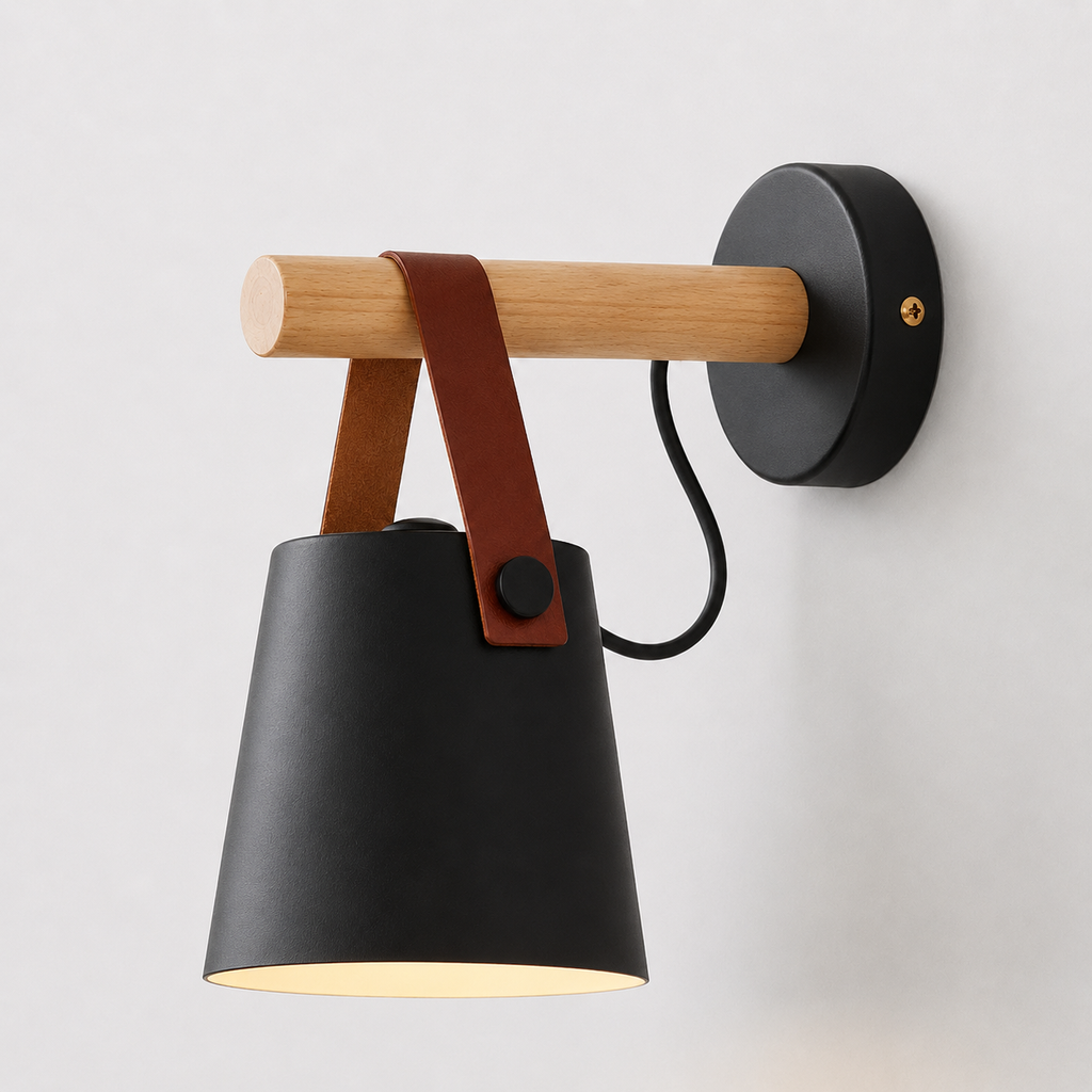 Wall Sconce – Hanging Iron Shade, Wood Accent, Black or White Finish 0