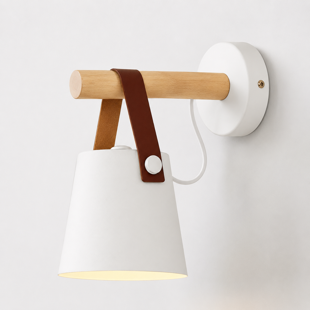 Wall Sconce – Hanging Iron Shade, Wood Accent, Black or White Finish 1