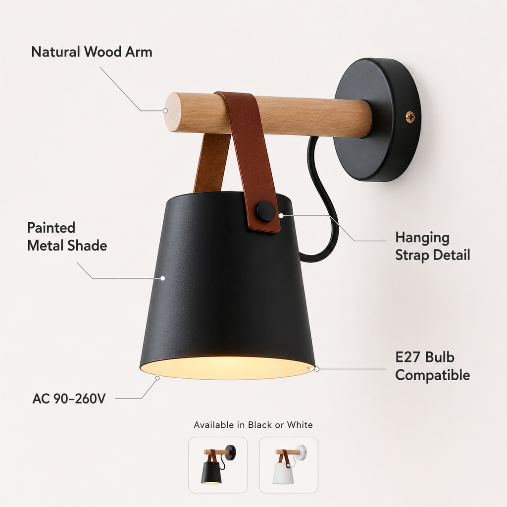 Wall Sconce – Hanging Iron Shade, Wood Accent, Black or White Finish 2
