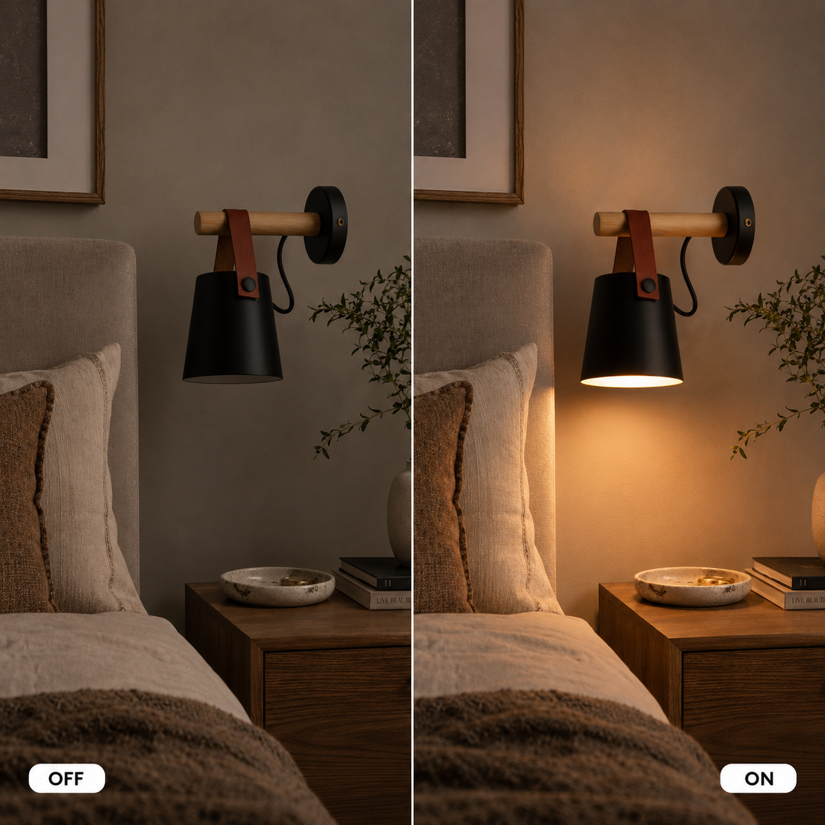 Wall Sconce – Hanging Iron Shade, Wood Accent, Black or White Finish 3