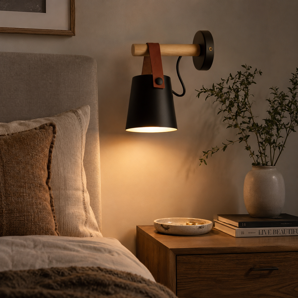 Wall Sconce – Hanging Iron Shade, Wood Accent, Black or White Finish 6