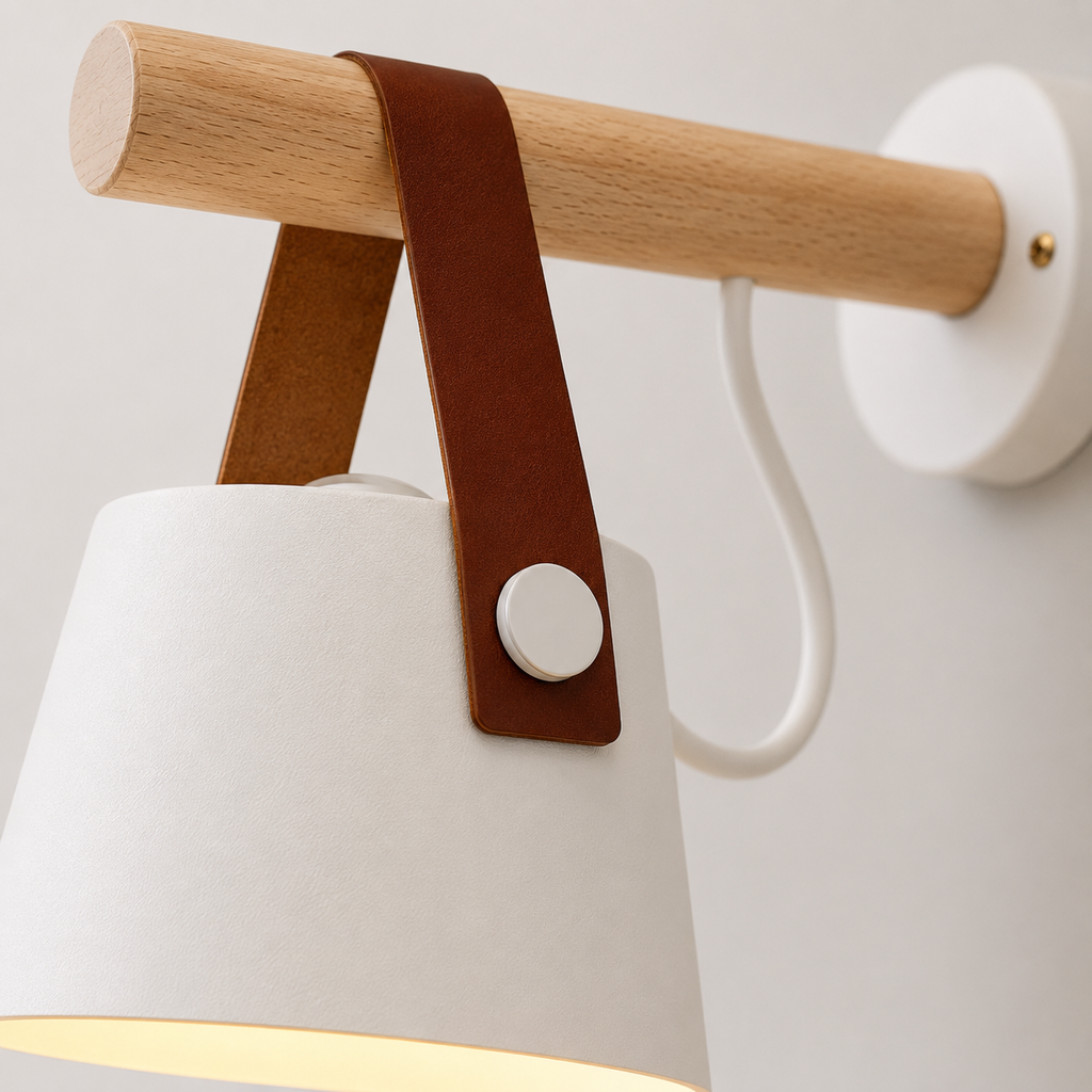 Wall Sconce – Hanging Iron Shade, Wood Accent, Black or White Finish 7