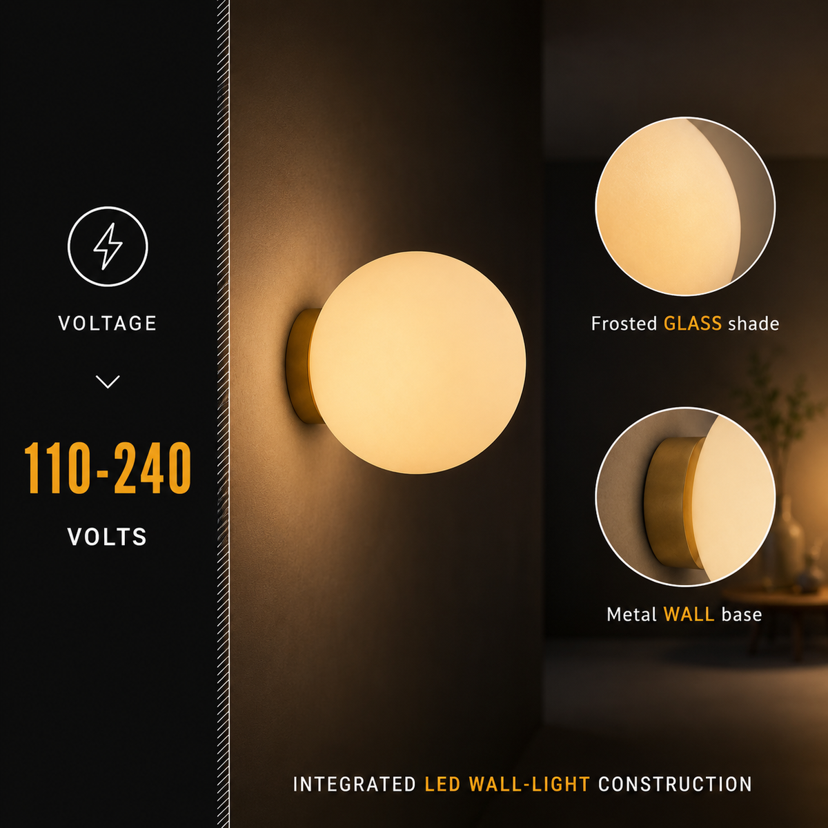 Wall Sconce, Round Globe Design, Matte Glass And Metal, Integrated LED 8