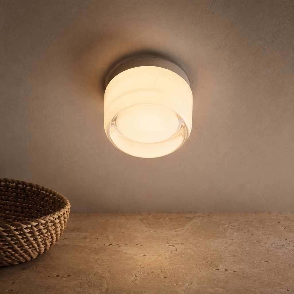Wall Sconce | Compact Round Flush Mount Light, Glass And Metal, White 6