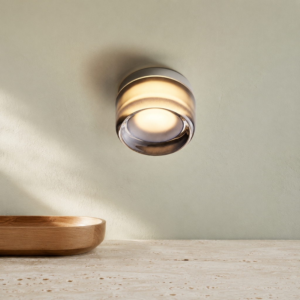 Wall Sconce | Compact Round Flush Mount Light, Glass And Metal, White 7
