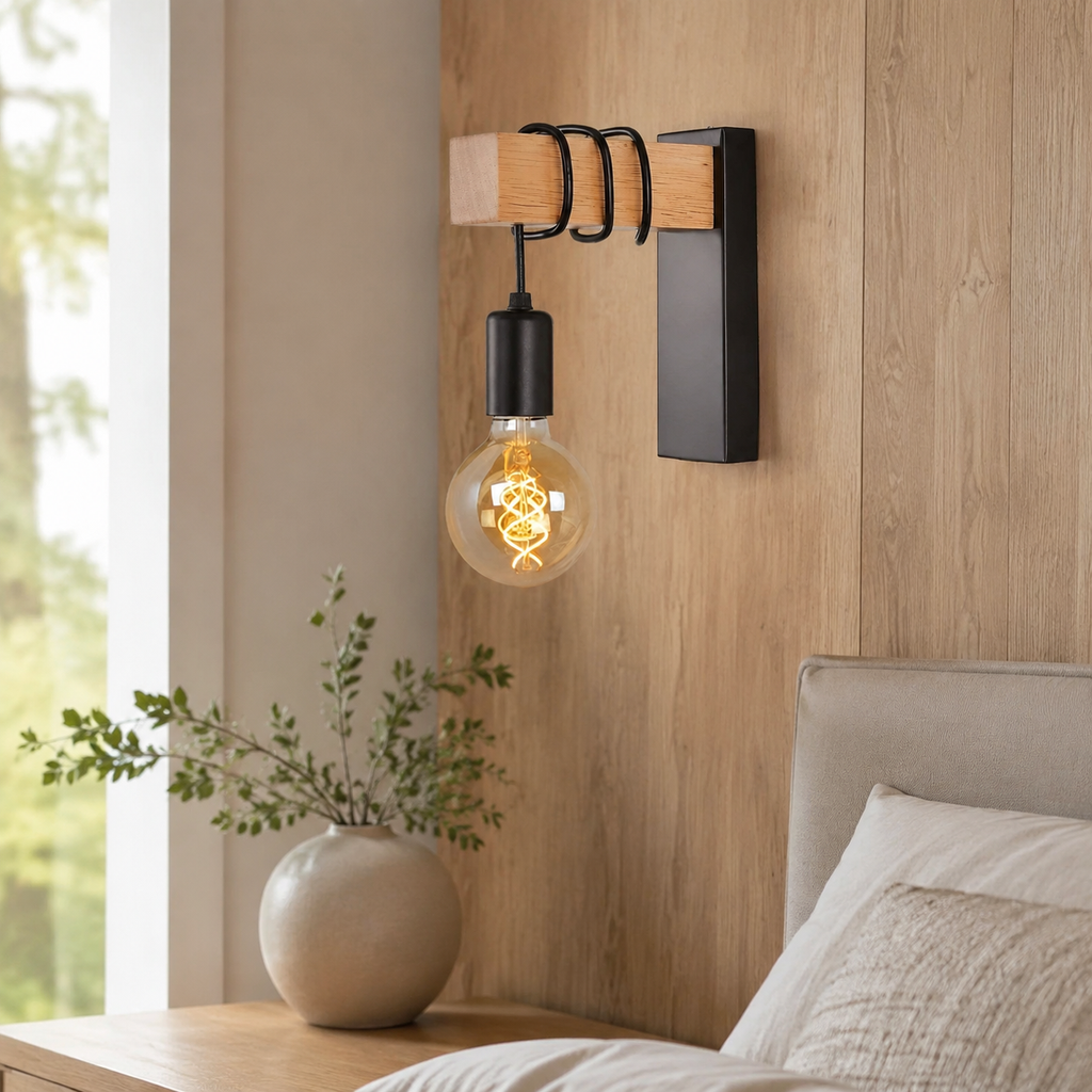 Wall Sconce | Exposed E27 Bulb Light, Wood And Metal, Black Or White 0