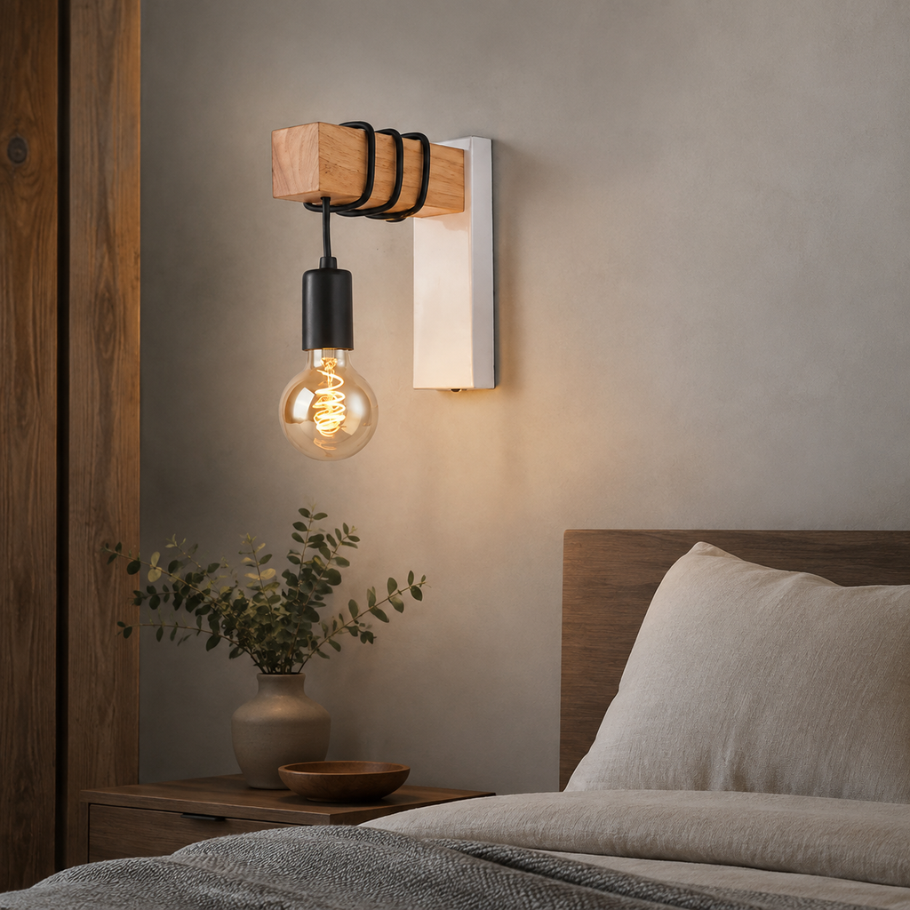 Wall Sconce | Exposed E27 Bulb Light, Wood And Metal, Black Or White 1