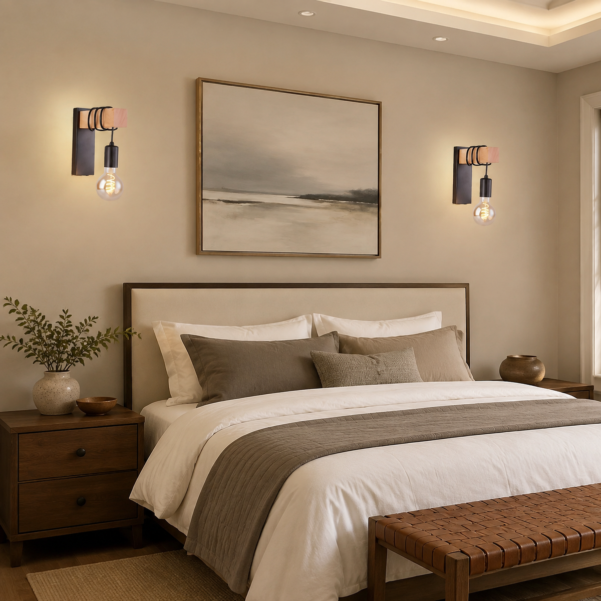 Wall Sconce | Exposed E27 Bulb Light, Wood And Metal, Black Or White 2