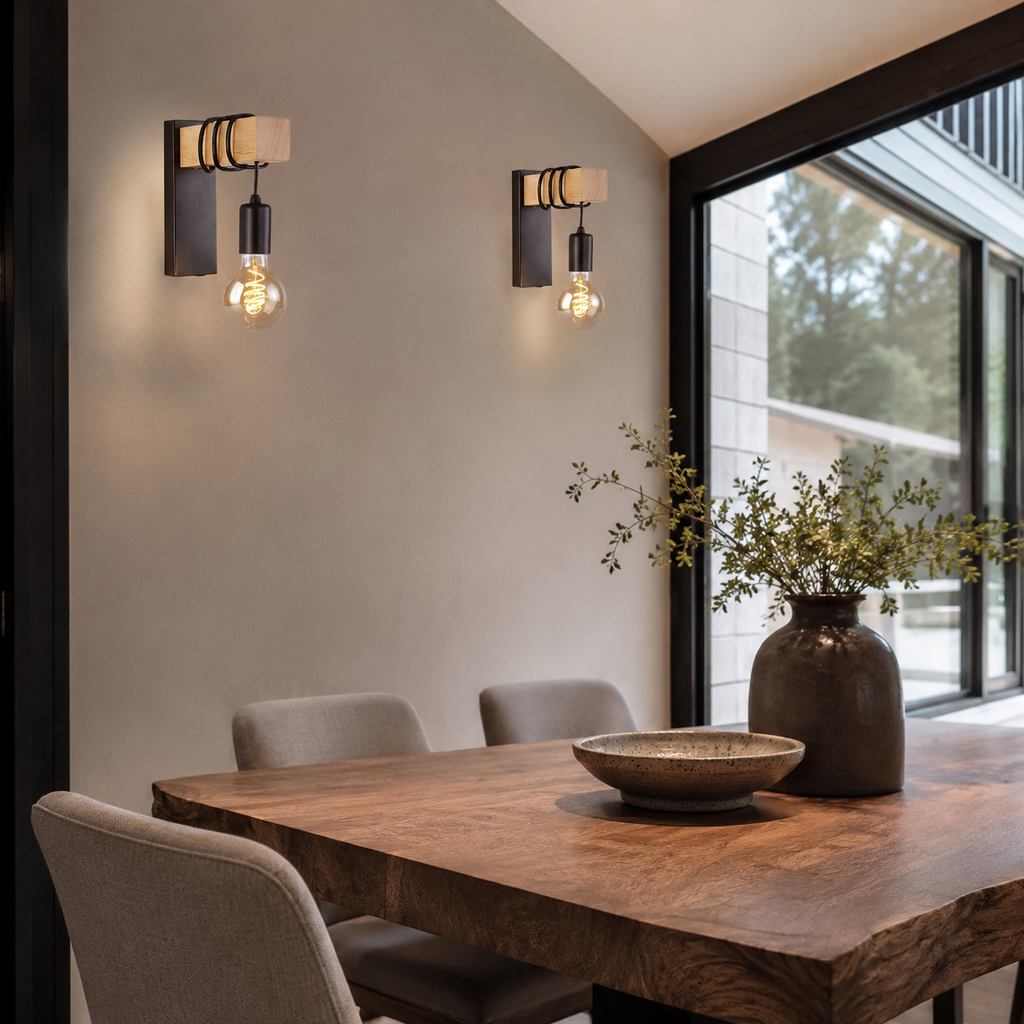 Wall Sconce | Exposed E27 Bulb Light, Wood And Metal, Black Or White 3