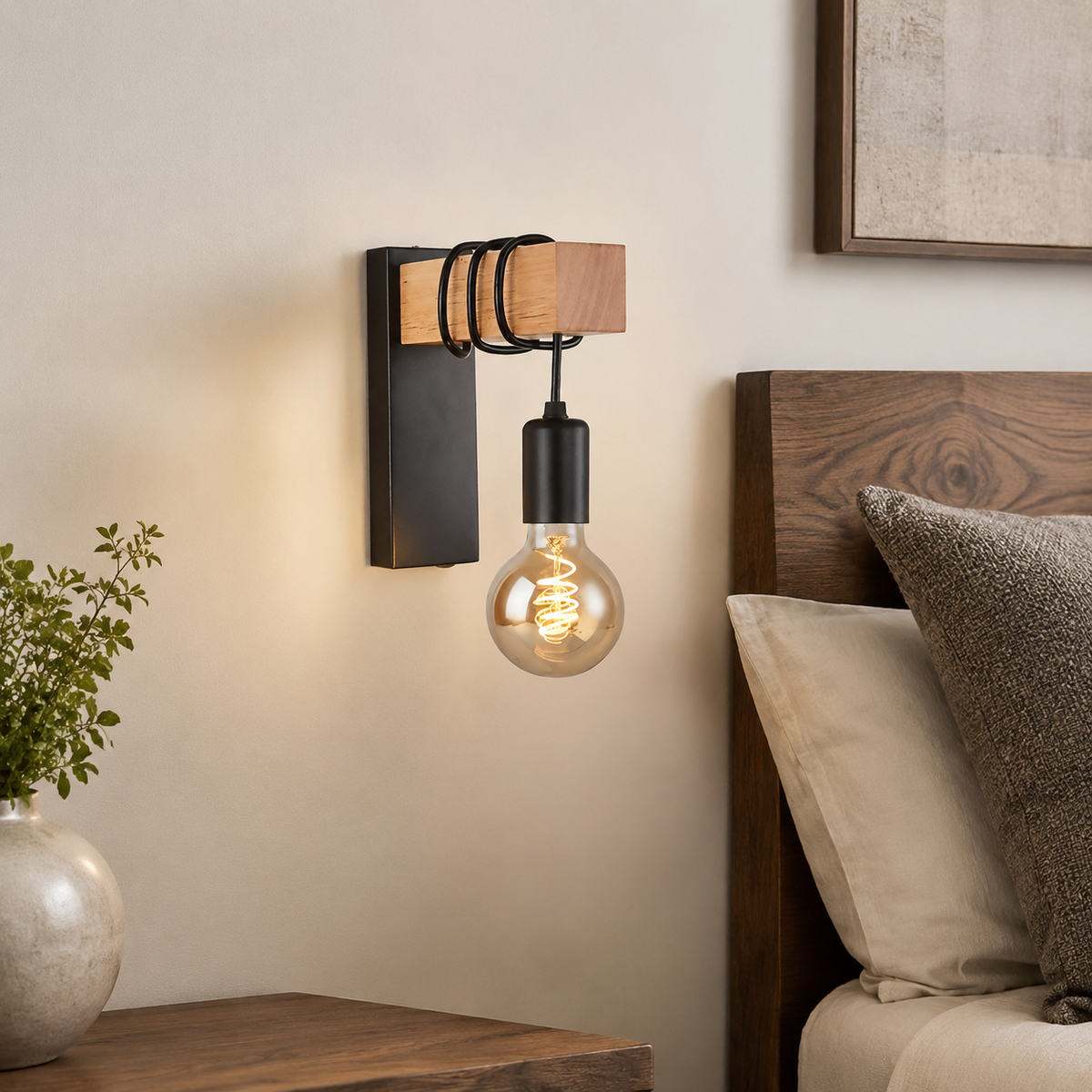 Wall Sconce | Exposed E27 Bulb Light, Wood And Metal, Black Or White 4