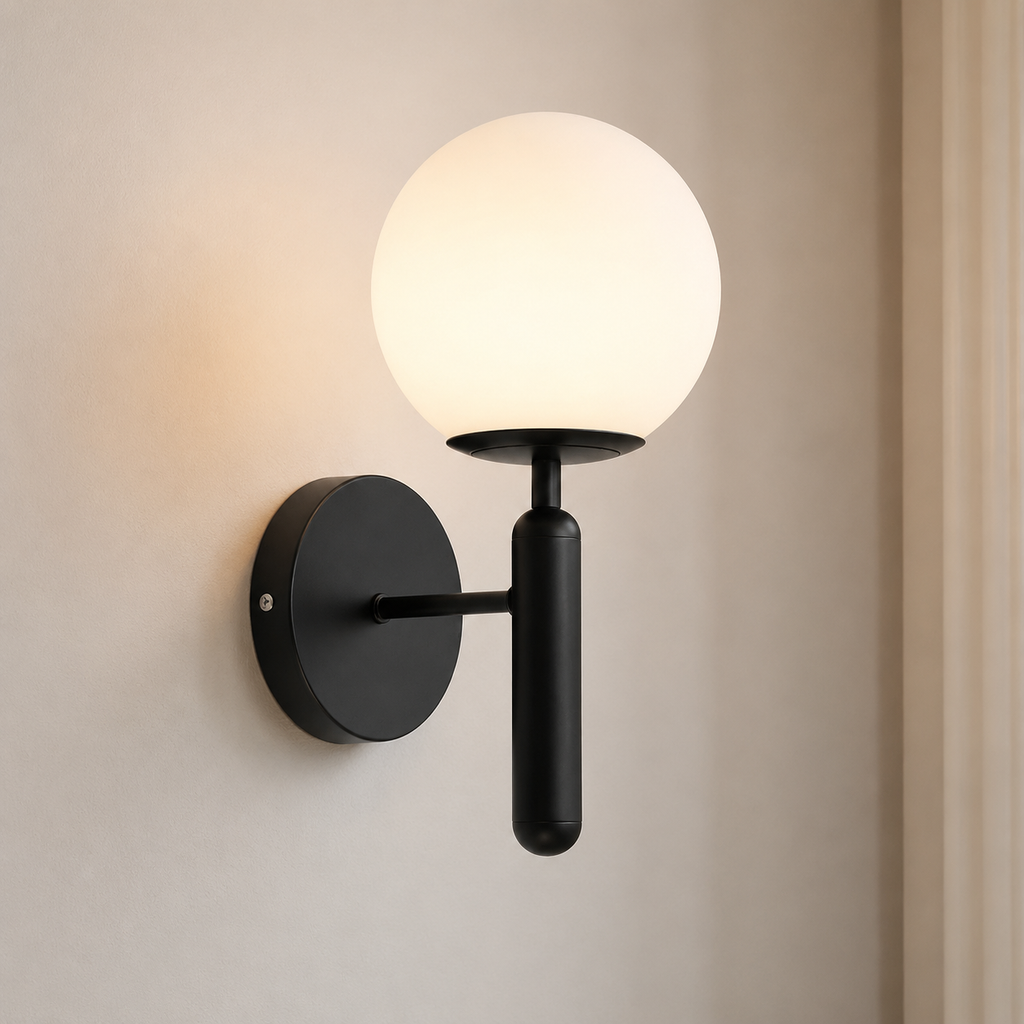 Wall Sconce | Frosted Glass Globe Light, Polished Metal, Black Or Gold 0