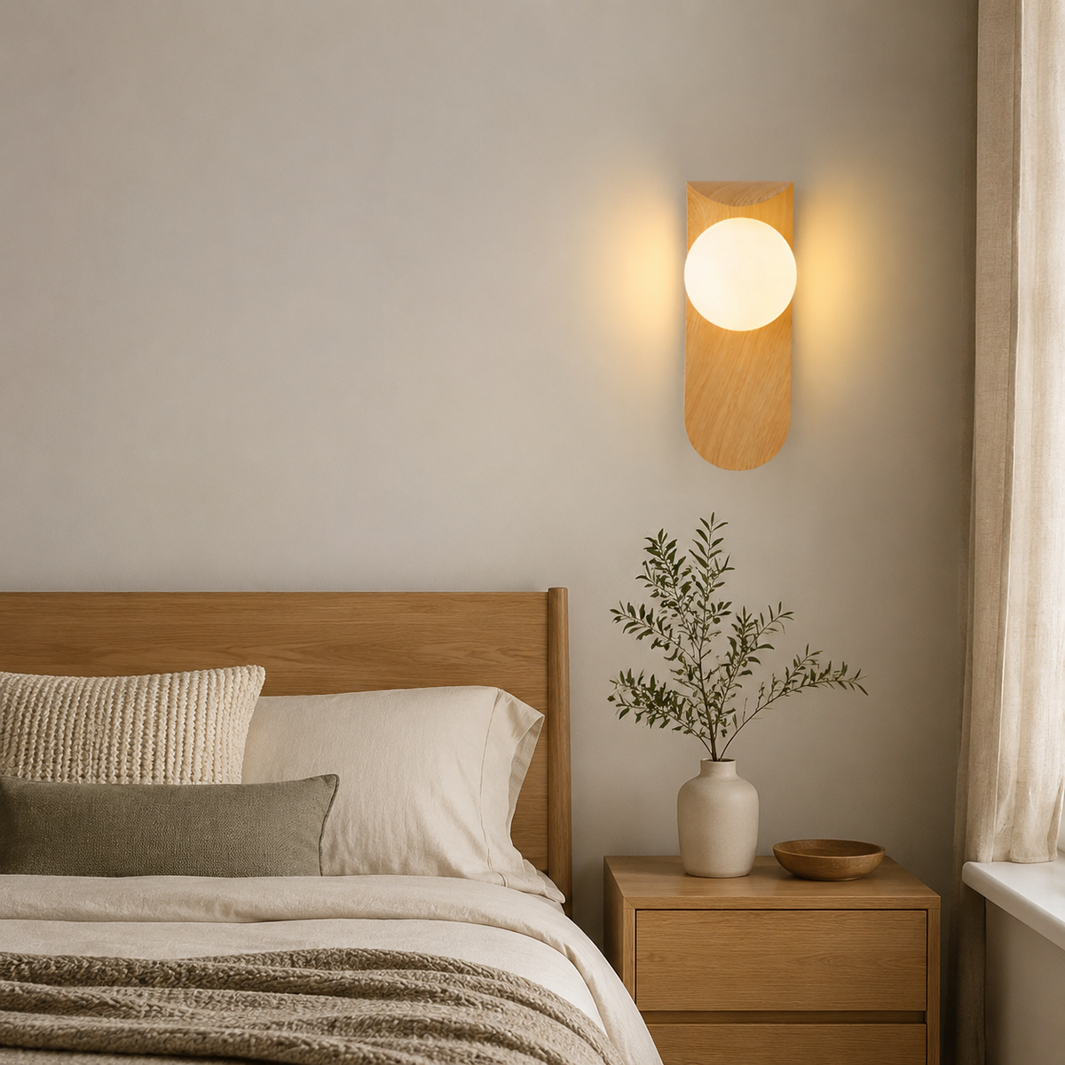 Wall Sconce | Scandinavian Globe Light, Wood And Glass, Natural Wood 0
