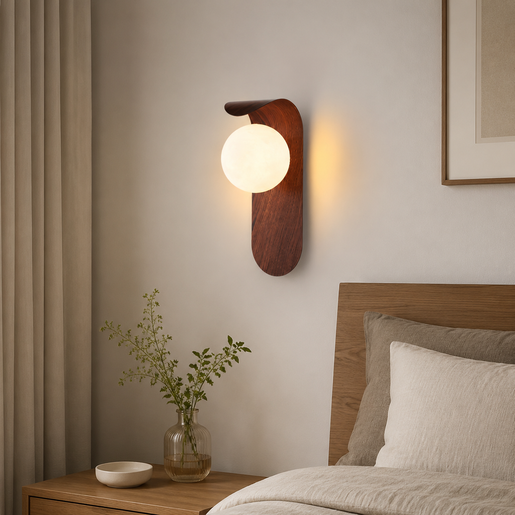 Wall Sconce | Scandinavian Globe Light, Wood And Glass, Natural Wood 1