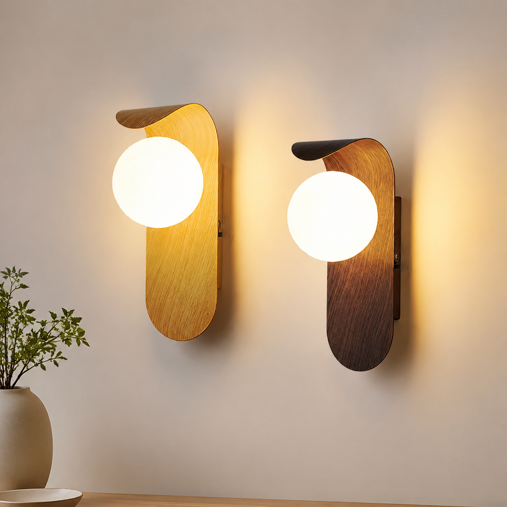 Wall Sconce | Scandinavian Globe Light, Wood And Glass, Natural Wood 2