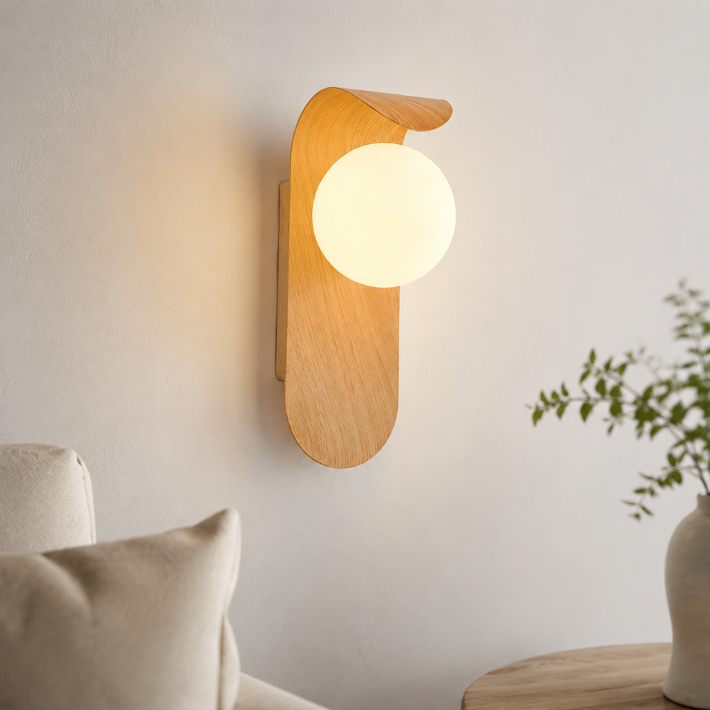 Wall Sconce | Scandinavian Globe Light, Wood And Glass, Natural Wood 3