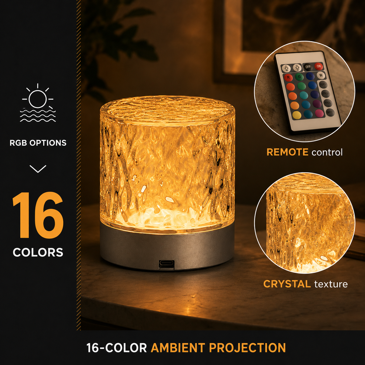 Water Ripple Night Light – 16 Color RGB Projection Lamp with Remote 8
