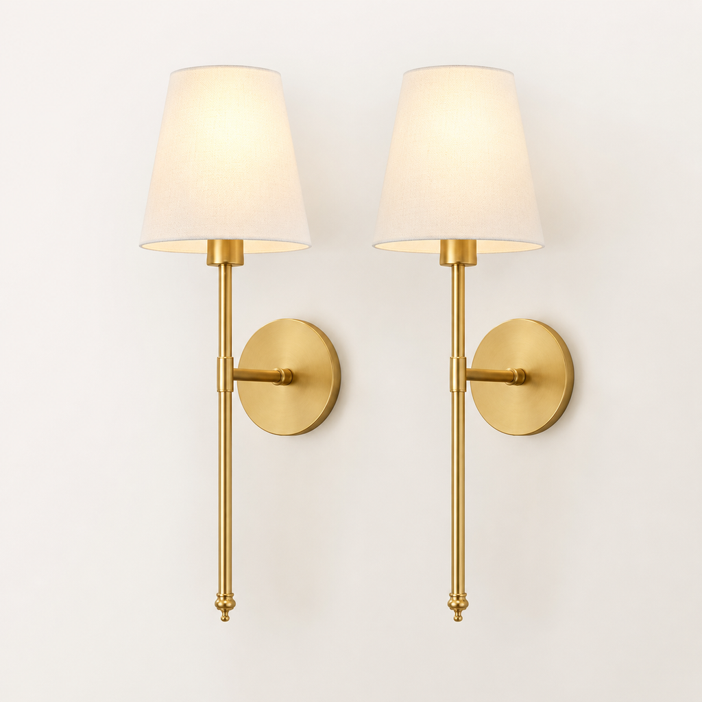 Wireless Wall Sconces Set of 2 with Peel and Stick Mount, Metal Arm, White Fabric Shade 0