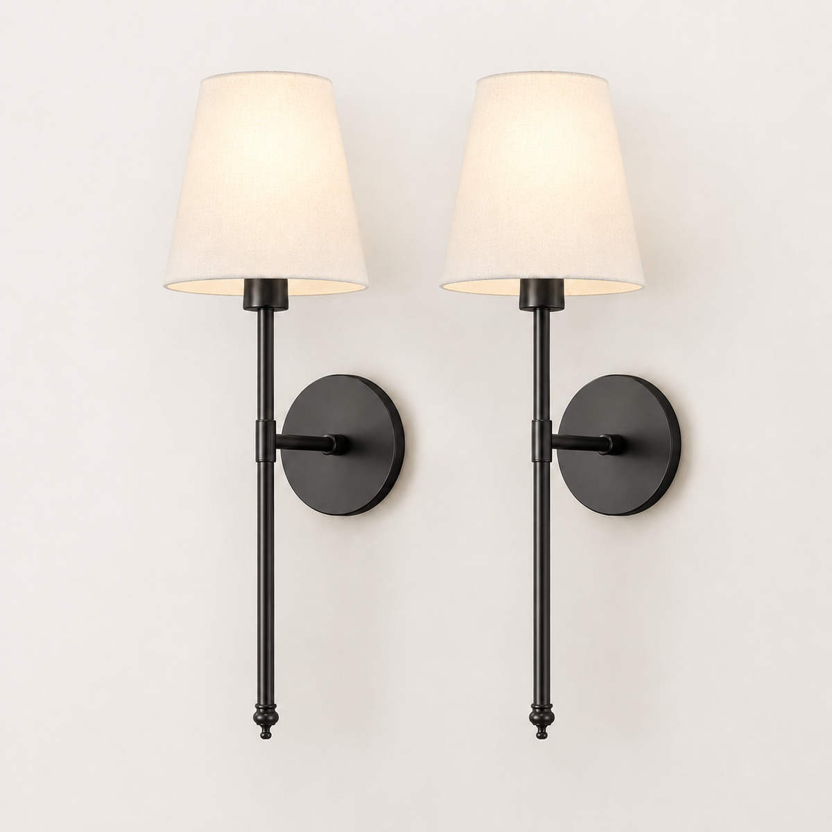 Wireless Wall Sconces Set of 2 with Peel and Stick Mount, Metal Arm, White Fabric Shade 1