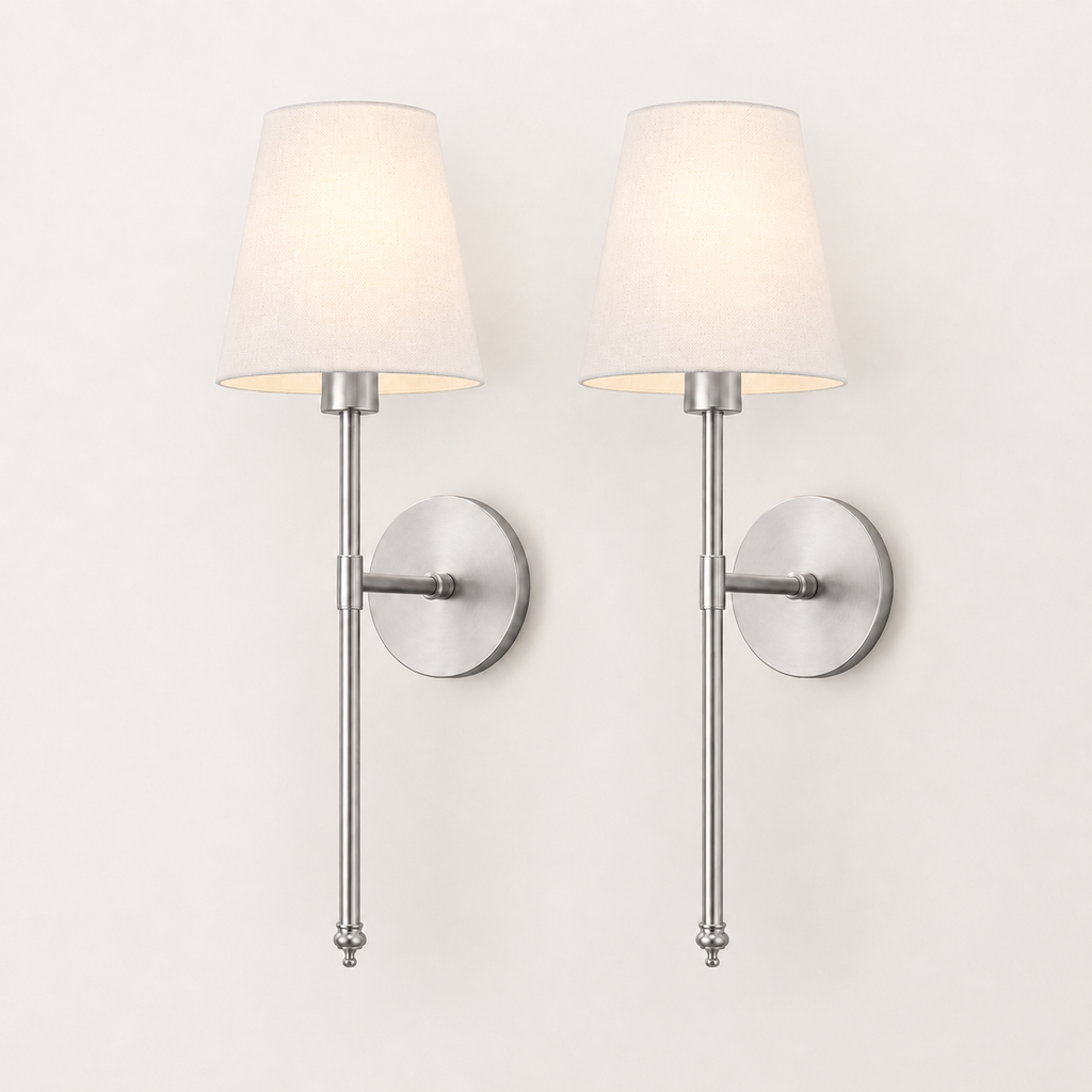Wireless Wall Sconces Set of 2 with Peel and Stick Mount, Metal Arm, White Fabric Shade 2