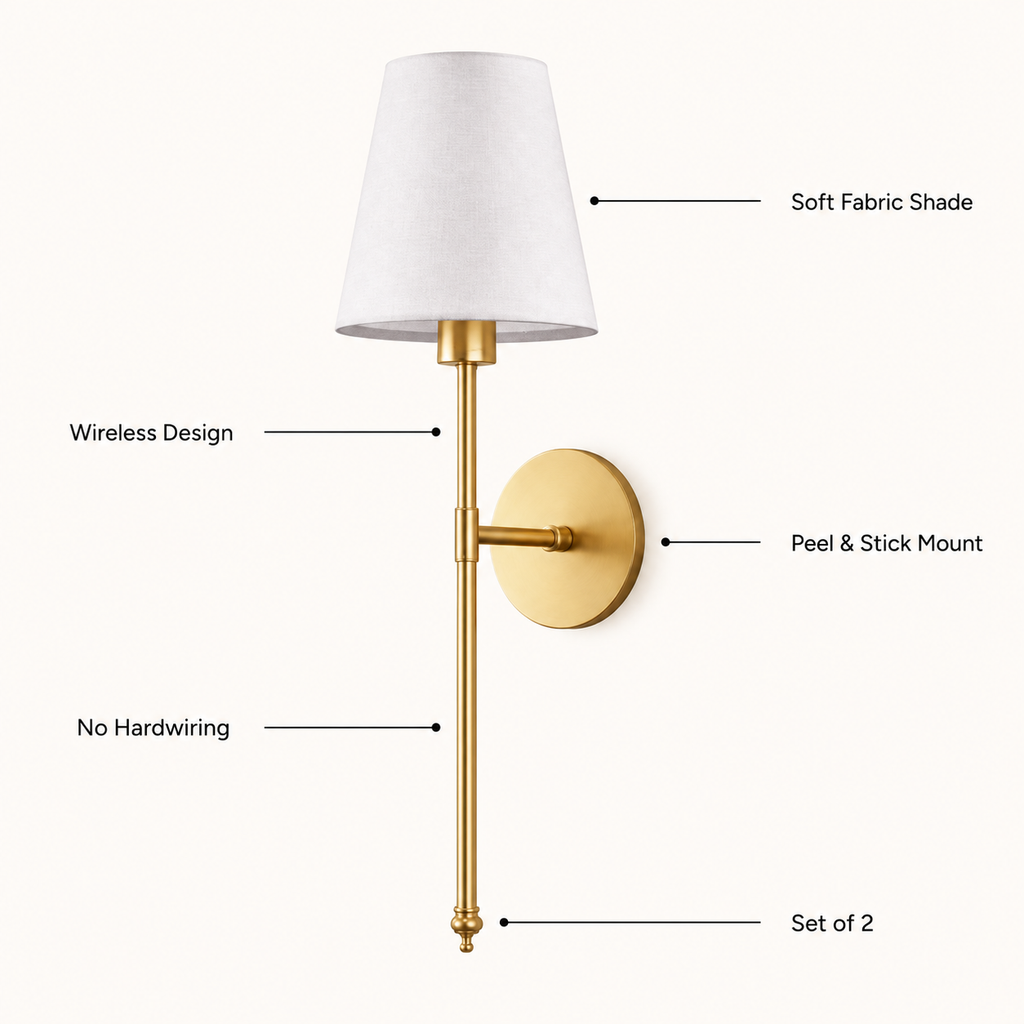 Wireless Wall Sconces Set of 2 with Peel and Stick Mount, Metal Arm, White Fabric Shade 3